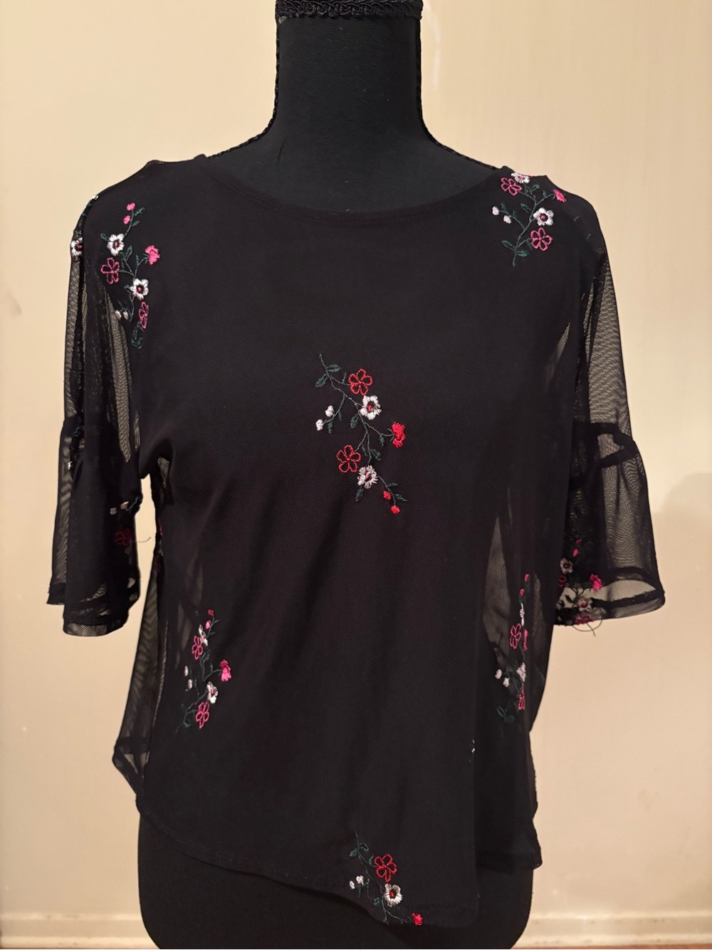 Speechless Black Mesh Top with Red & Pink Floral Embroidery
